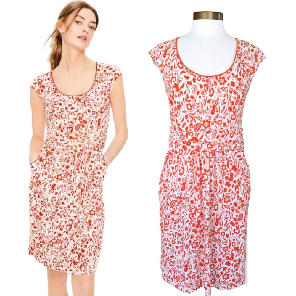 ❤️❤️Boden Margot Orange Red Poppy Floral Print Knit Cap Sleeve Dress Size 12❤️❤️